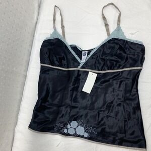 Vtg‎ Gap Silk Babydoll Embroidered Camisole Top Black Blue Lace L Y2K Slip Top